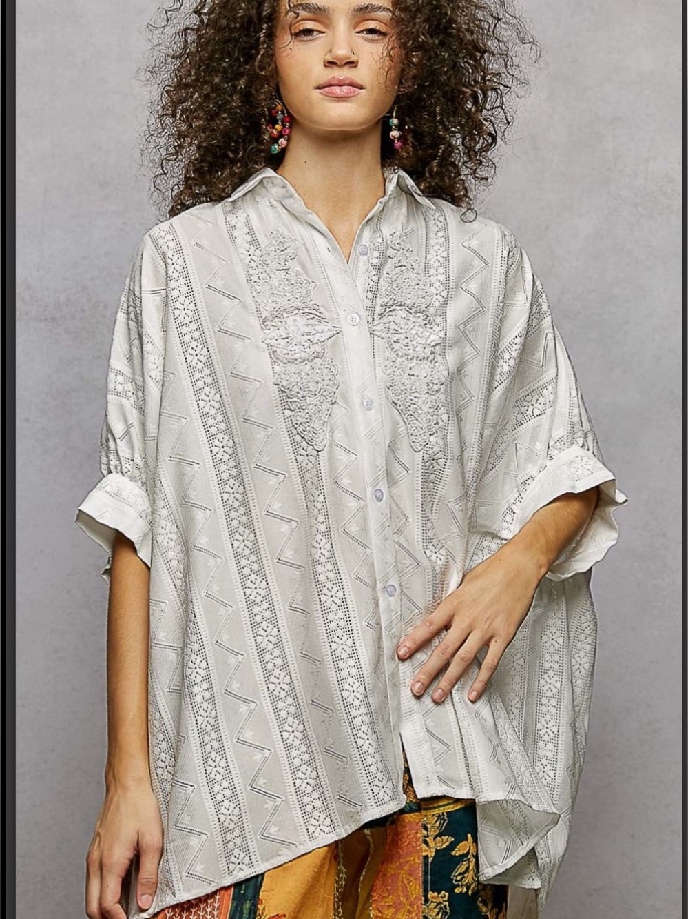 Light Cream Embroidered Button-Up Women's Top - Oversized
